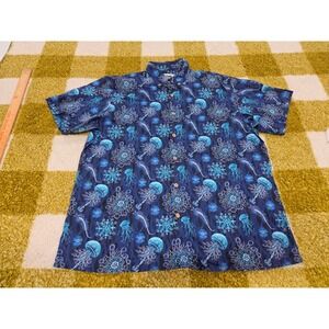 Yiume Mens XL Blue Jellyfish Print Short Sleeve Button Down Shirt Tropical Sea